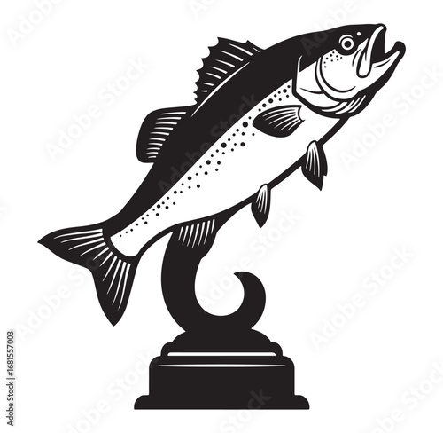 Stylized black and white illustration of a trophy featuring a jumping fish design