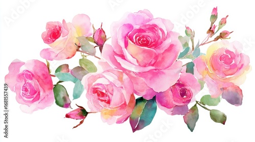 Watercolor Roses Arrangement on White Background Artistic Floral Illustration Delicate Pink Flowers Romantic Design Botanical Art Painting Style
