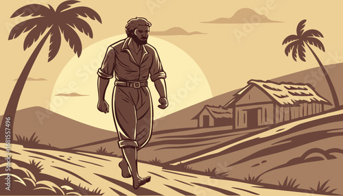 A rugged hero walking barefoot on a dusty South Indian village road, dramatic sunset in the background, intense cinematic portrait shot."