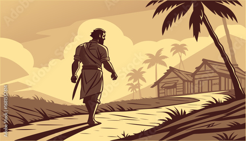 A rugged hero walking barefoot on a dusty South Indian village road, dramatic sunset in the background, intense cinematic portrait shot."