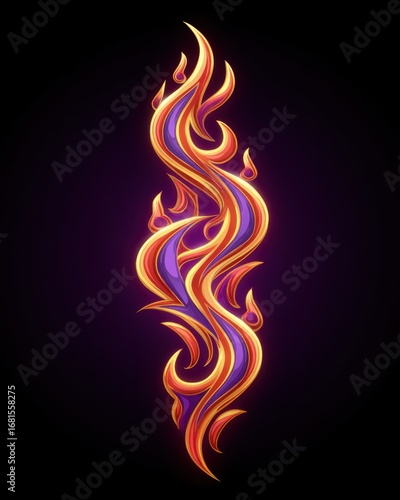 Abstract Flame Design Illustration on Dark Background; stylized fire element; digital art; graphic resource; decorative pattern; elegant shape; modern design