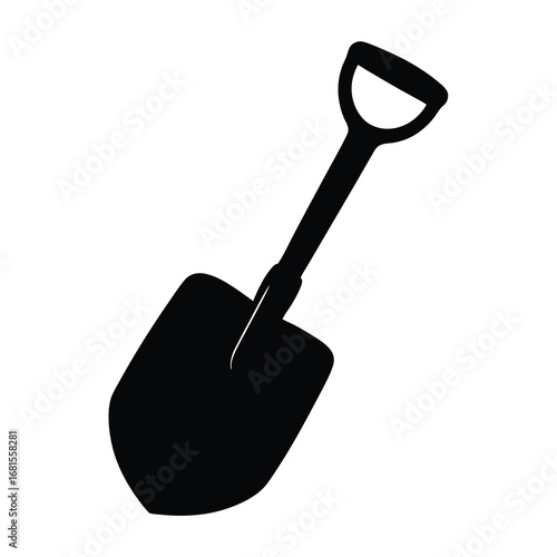 A simple black silhouette of a shovel used for digging and gardening