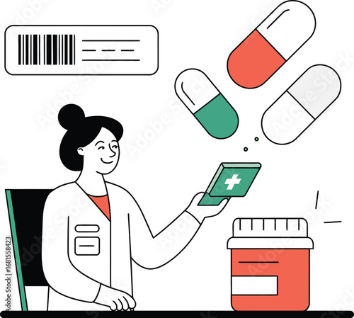 Pharmacist working with digital tablet and pills dispensing medicine from prescription
