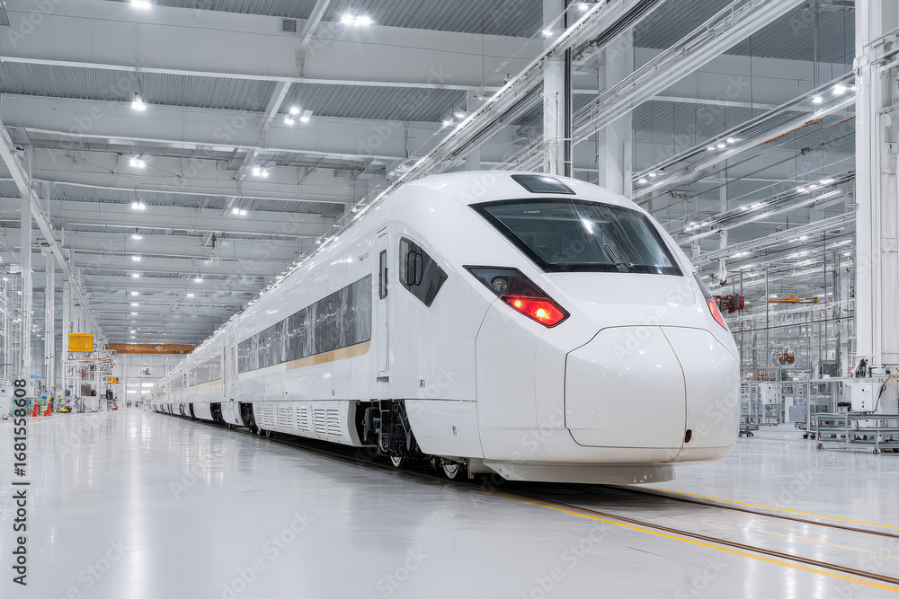 Fototapeta premium hightech production line assembles autonomous trains in clean ultramodern environment