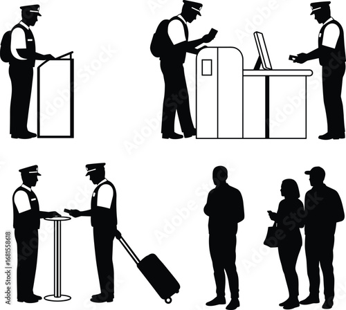 Silhouettes of airport officers, passengers, document check, security clearance, boarding gate, travel line, identity verification, customs control.