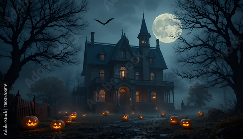 A spooky haunted house with pumpkins under the moonlight on halloween night