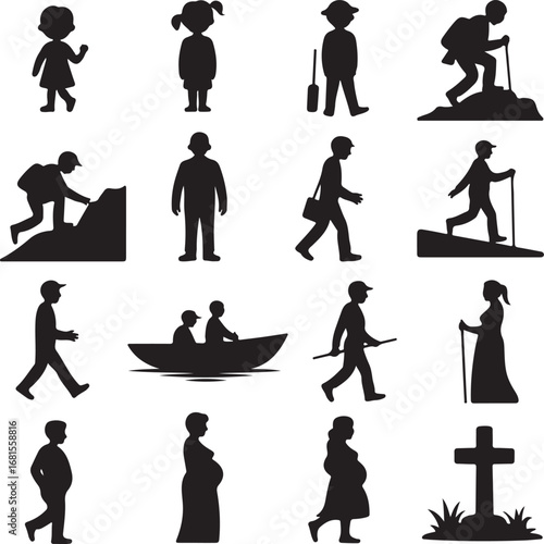 Diverse People Silhouettes Hiking Boating and Life Stages Collection child girl