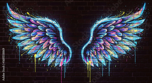 Wallpaper Mural Artistic mural of vibrant, luminous angel wings painted with colorful dripping paint on a dark grunge brick wall background Torontodigital.ca