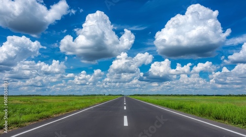 An open road stretches into the horizon under a light blue sky with fluffy white clouds,