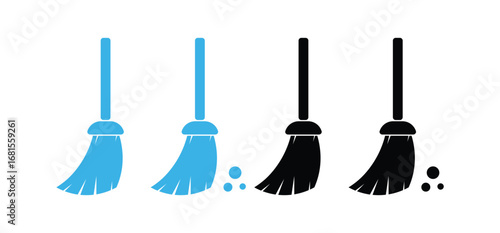 Broom Icon Set – Cleaning Tools with Dust Elements (Blue & Black Variations)