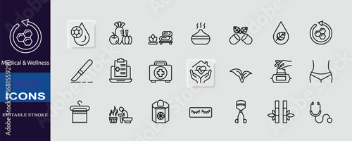 This editable stroke icon set illustrates various concepts in Medical  Wellness, symbolizing healthcare, treatment, spa, and body care for modern lifestyle.