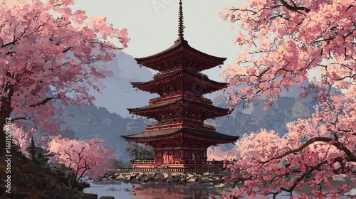 Japanese Pagoda in Cherry Blossom
