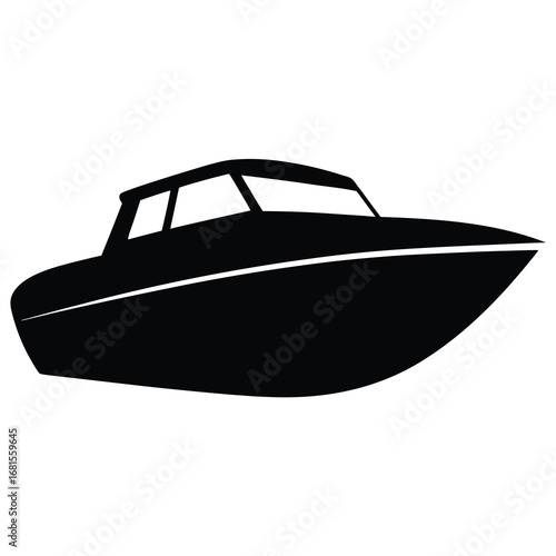 Silhouette of a powerboat with enclosed cabin, isolated on white background