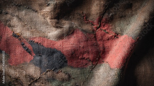 Wallpaper Mural Close-up of a worn burlap sack with stitched patches showing texture and color variation in a rustic style Torontodigital.ca