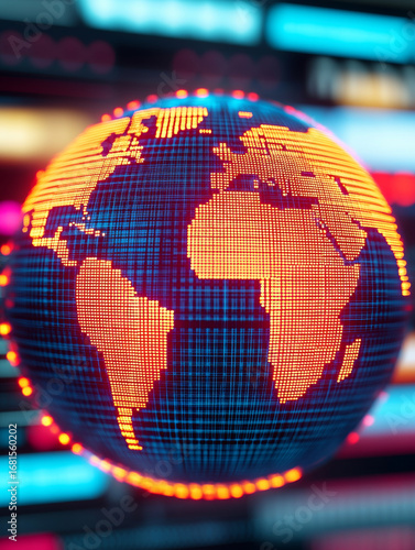 Glowing digital globe with vibrant orange and blue tones symbolizes global e commerce growth, sales expansion, and logistics innovation. futuristic design highlights technology role connectivity