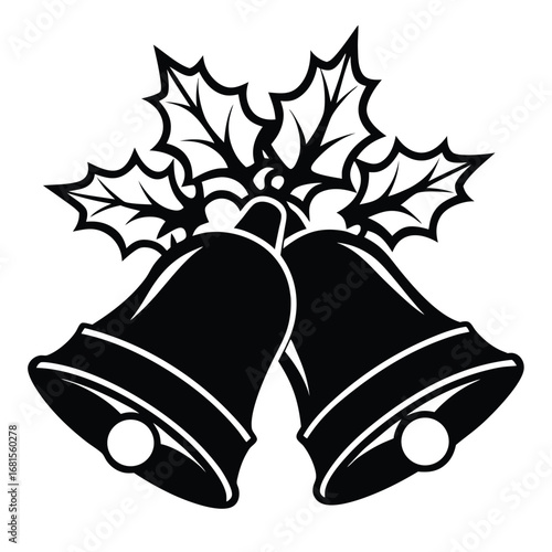 Christmas bells with holly leaves silhouette vector line art festive design, Xmas bells outline vector, Holiday jingle bells silhouette, Christmas bells drawing.