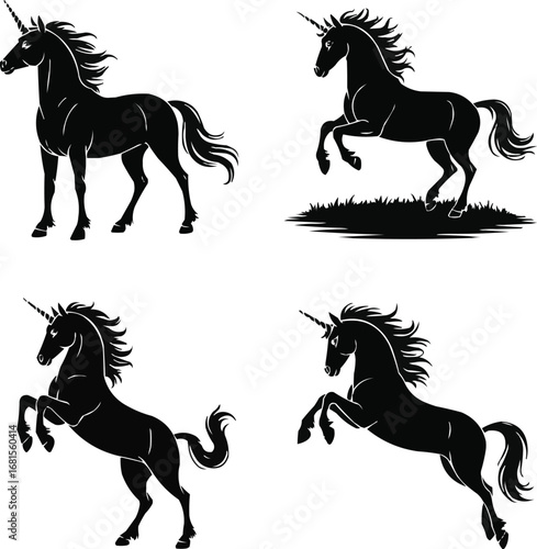 Majestic Unicorn Silhouette Vector Set  Standing, Running, and Reared-Up Poses