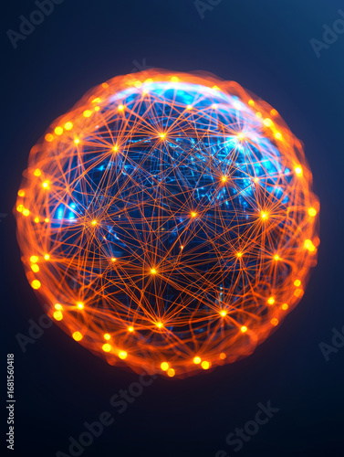 Glowing digital globe with interconnected orange and blue lines symbolizes global e commerce growth, efficient logistics, and enhanced sales networks. vibrant design conveys innovation