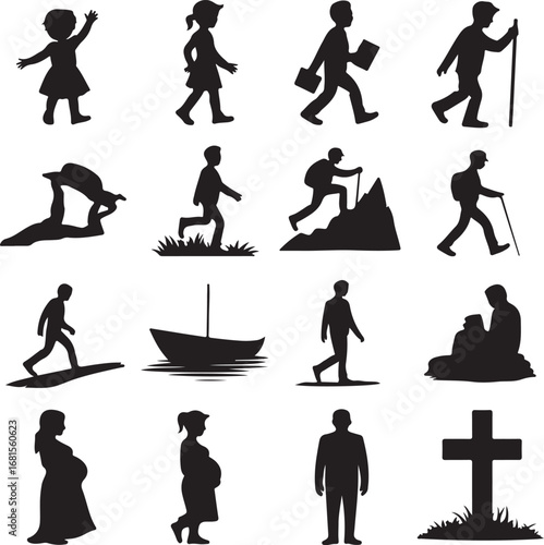 Silhouettes of People Hiking Walking Running Pregnant Woman Boat and Cross vector illustration