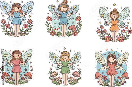 Cute fairy girls with wings, magical fantasy illustration for children, whimsical forest fairies with flowers, mushrooms, stars, and pastel backgrounds