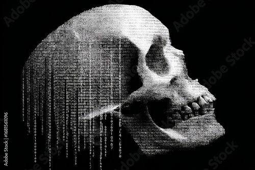 Human skull made of binary code dissolving, representing digital afterlife, mortality in the digital age, or loss of data