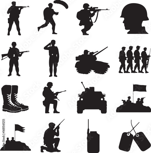 Military and soldier icons in silhouette army combat