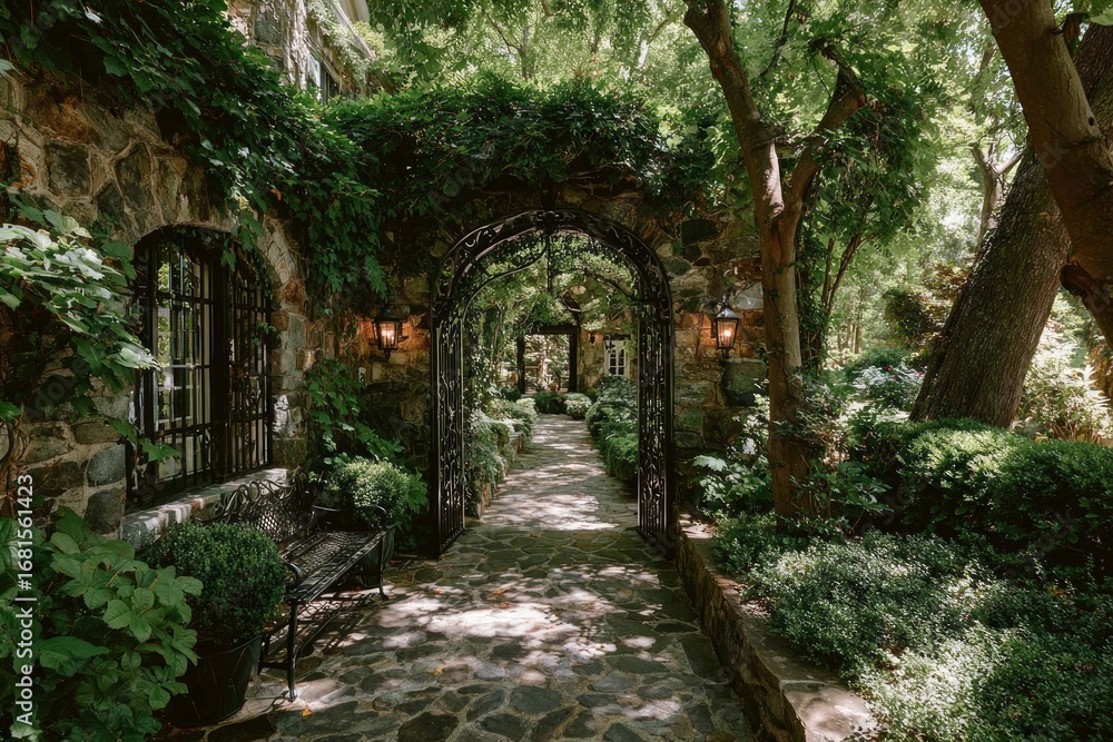Obraz premium Stone path leading through a wrought iron gate into a beautiful, sun-dappled garden with lush greenery and trees