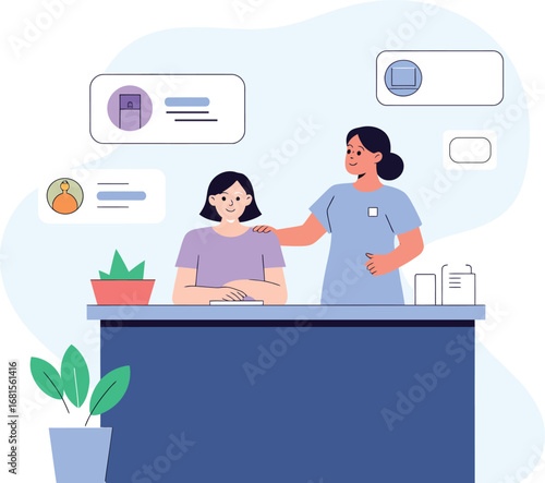 Friendly nurse assisting patient at reception desk providing caring healthcare support