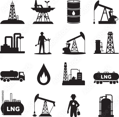 Oil and gas industry icons in silhouette energy fuel