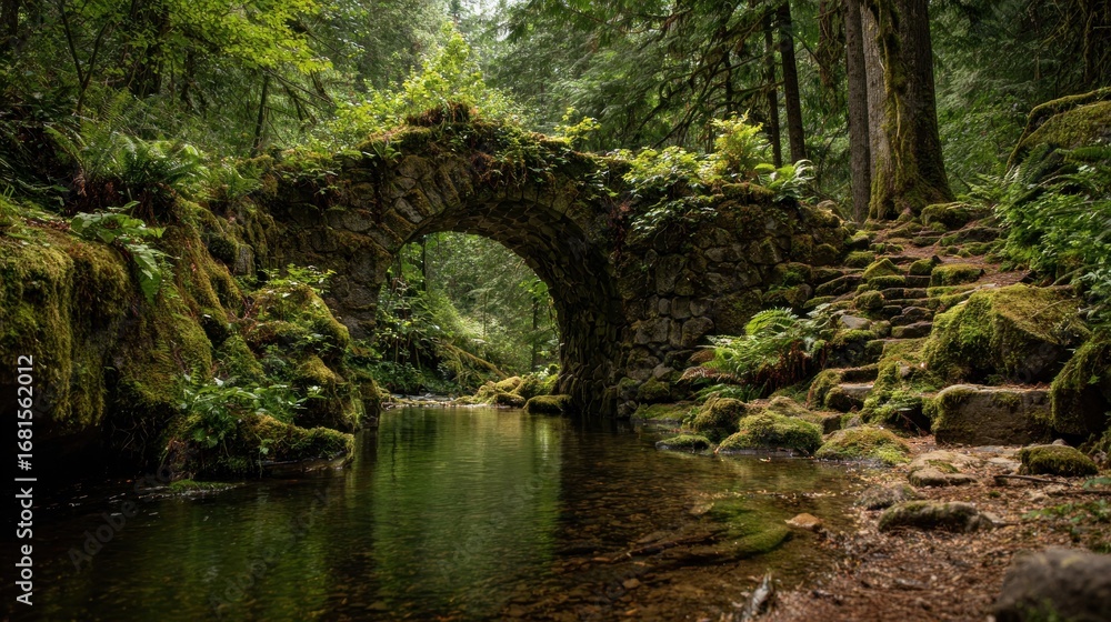 Fototapeta premium Lush forest creek with stone arch bridge