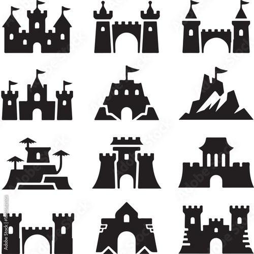 Collection of Castle Icons Featuring Fortresses and Sandcastles architecture building