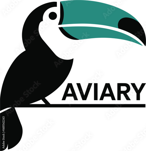 Toucan Bird Logo with Teal Beak and AVIARY Text on Transparent Field