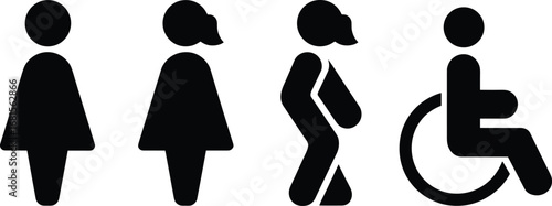 Restroom signs with female, pregnant woman, person holding baby, wheelchair accessible icon, inclusive bathroom, public signage, black silhouette, simple design