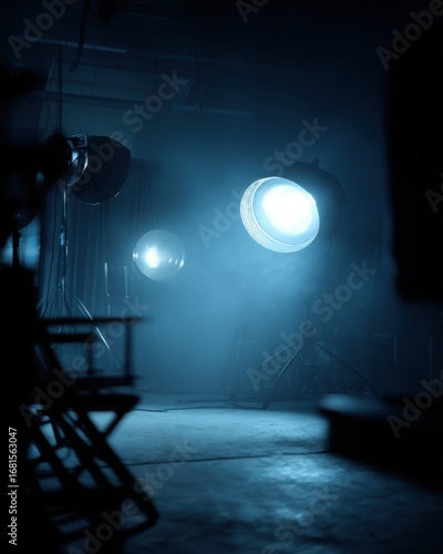 Moody film set with bright stage lights and director chair in dark studio for movie production and photography