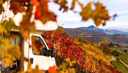 Autumn adventure with a camper van in scenic vineyard landscape and colorful foliage
