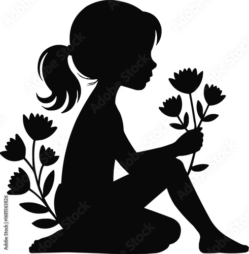 Romantic Silhouette Vector  Young Girl Holding Bouquet of Flowers in Sitting Position