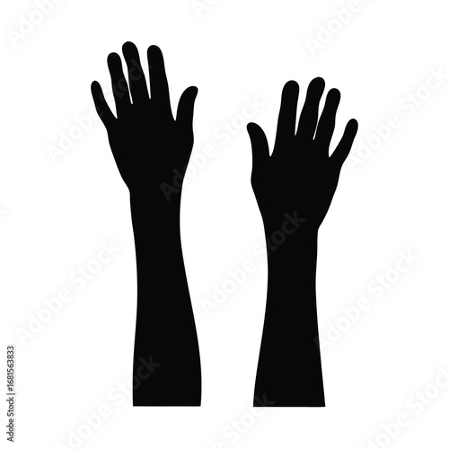 Two arms raised upwards in silhouette isolated against a white background