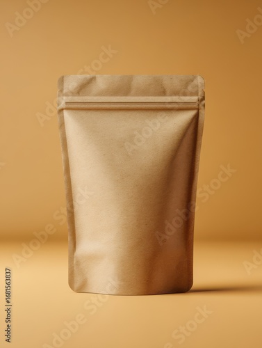 Close up of brown kraft paper stand up pouch mockup on beige background studio shot for food product packaging design