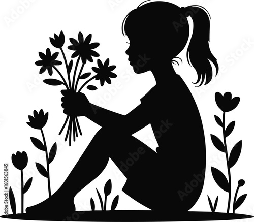 Girl Silhouette with Flowers Sitting Pose and Floral Elements Vector Collection