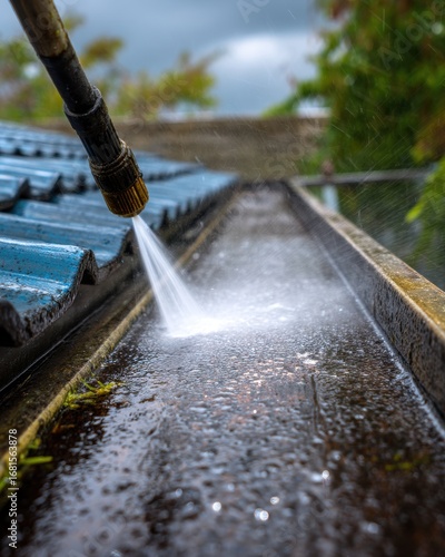 Close up of gutter cleaning with high pressure water spray in overcast daylight maintenance chore home exterior