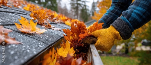 Person clearing fall leaves from roof gutter wearing gloves and flannel shirt closeup low angle autumn home maintenance