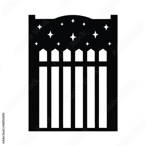 Silhouette of a fanciful fence adorned with stars, against a white background