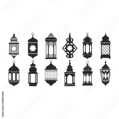 Collection of Black Silhouette Islamic Lanterns on White Background ramadan