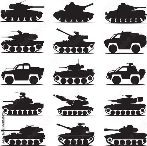 Military Tank Silhouettes Collection With Different Models Keywords: military, tank, army