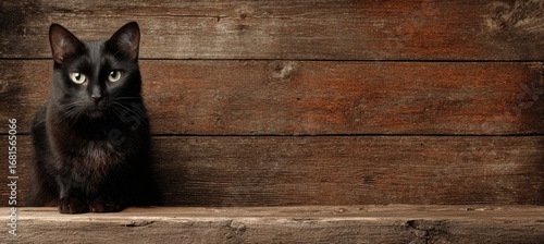 Black Cat on Rustic Wooden Table Banner with Text Space
