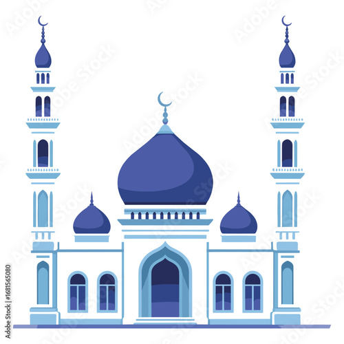 Flat design illustration of a blue and white mosque with two minarets and a dome islam religion