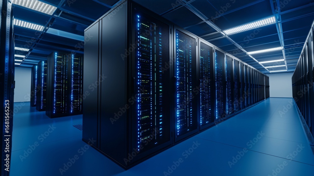 Fototapeta premium Cybersecurity operations center with glowing data servers and engineers inspecting systems.