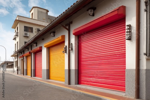 Red and yellow rolling shutter doors protecting shops in a commercial area