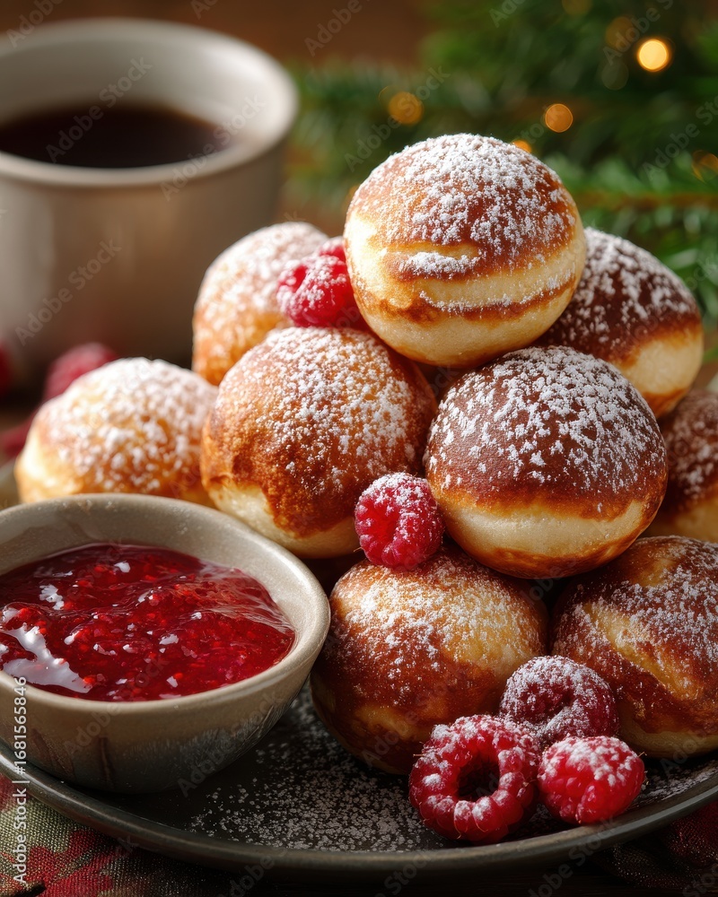 custom made wallpaper toronto digitalAebleskiver Delight Still Life Close Up Featuring Powdered Sugar Raspberries and Jam with Christmas Tree Background