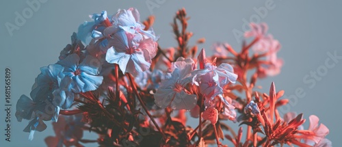 Close Up of Blue Phlox Flowers Blooming in Garden Against Sky with Warm Light and Soft Focus for Springtime